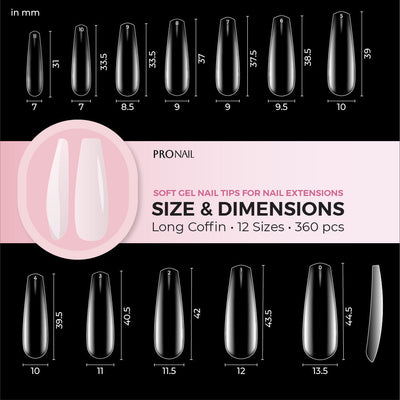 Soft Gel nail tips for nail extension infographic size and dimensions Long Coffin 