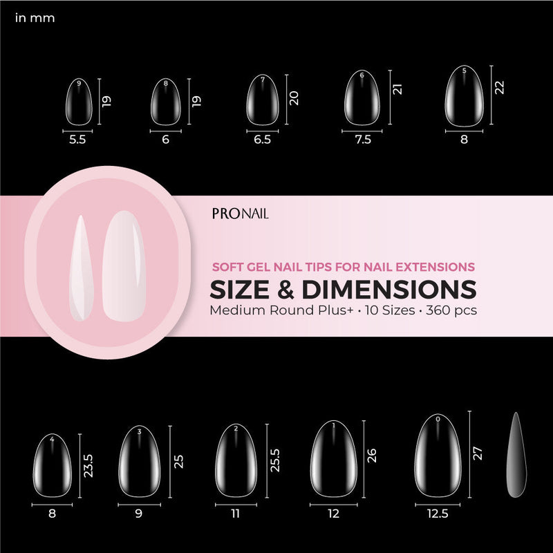 Curacoro Medium Round Plus+ Soft Gel Nail Tips size chart featuring 10 sizes for nail extensions.