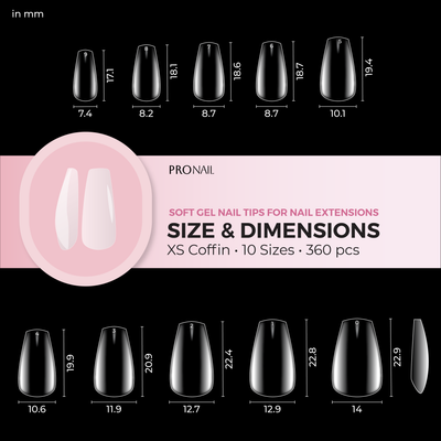 Soft Gel nail tips for nail extension infographic size and dimensions XS Coffin 