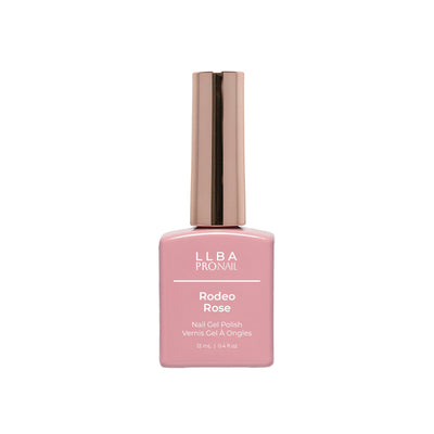 LLBA Rodeo Rose Gel Polish bottle with a pink design and gold cap on a light background.