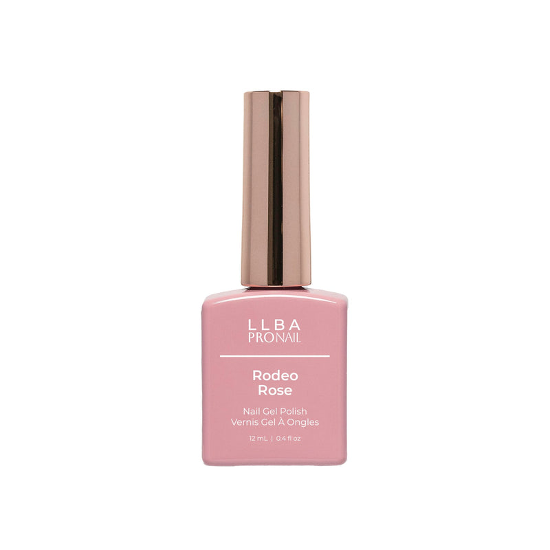 LLBA Rodeo Rose Gel Polish bottle with a pink design and gold cap on a light background.