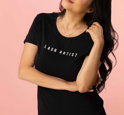 Lash Artist T-Shirt colour black on model's body.