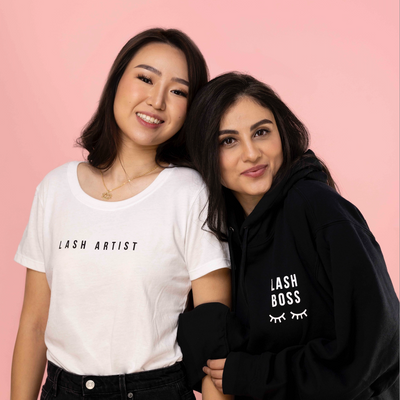 Lash Boss Fleece Hoodie and Lash Artist shirt on models' bodies.