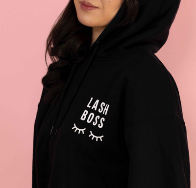 Lash Boss Fleece Hoodie on model's body.