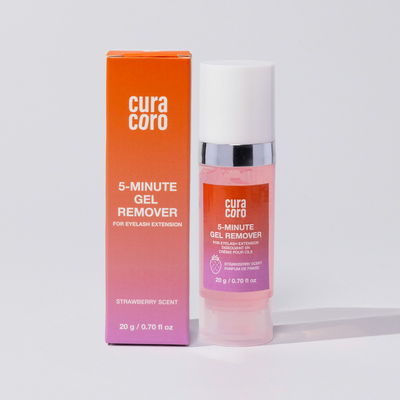 Curacoro 5-Minute Gel Remover with strawberry scent, shown with its orange packaging on a white background.