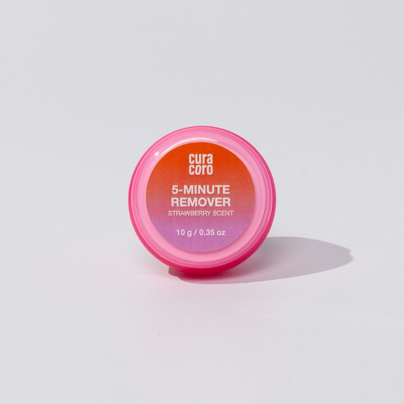 Pink container of "5-Minute Remover" with strawberry scent on a white background.