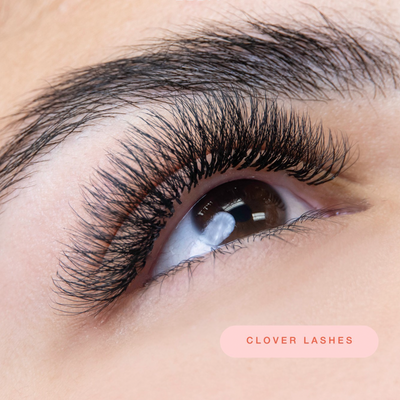 Close-up of an eye with voluminous clover lash extensions and natural brow on a soft background.