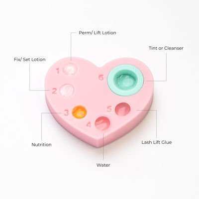 Image of Heart Silicon Palette for Lash Lift guiding where to place each solution.