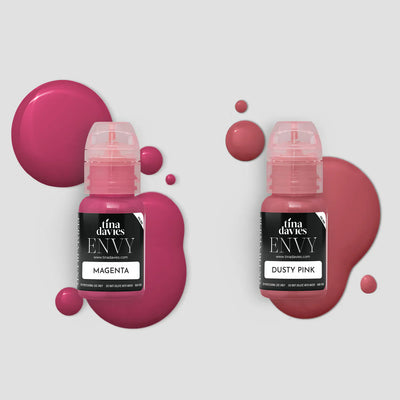 Tina Davies Envy Magenta and Dusty Pink lip pigment bottles with matching pigment spills on a light grey background.