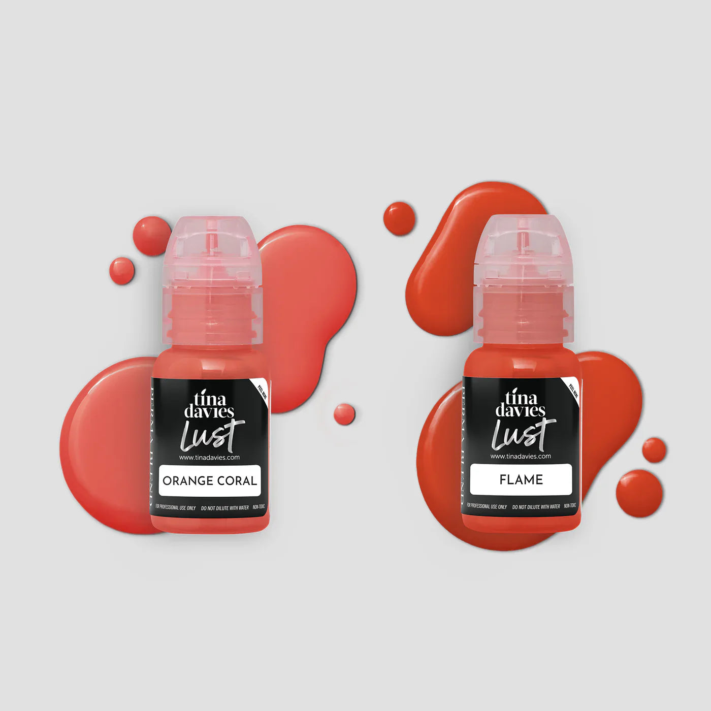 Tina Davies Lust lip pigments in "Orange Coral" and "Flame" with matching pigment spills on a light background.