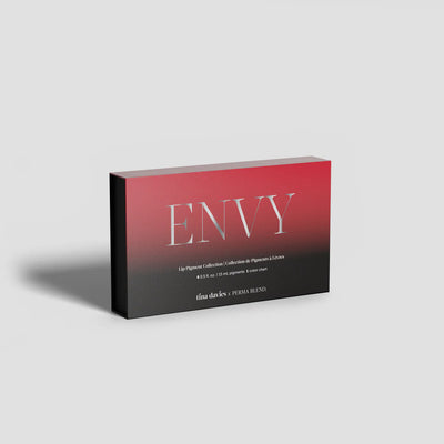 Tina Davies Envy Lip Pigment Collection box with a red-to-black gradient design on a light gray background.