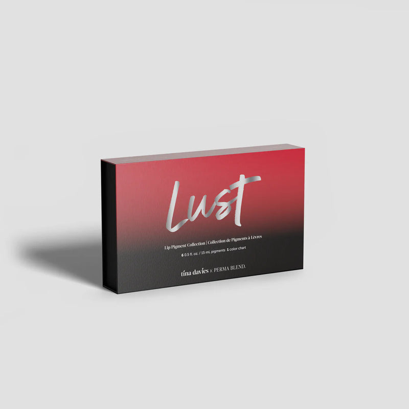 Tina Davies Lust Lip Pigment Collection box with a red-to-black gradient design and silver lettering.