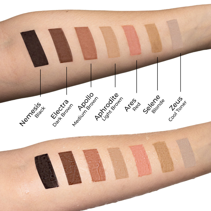 Brow tint shade selection displayed on hands