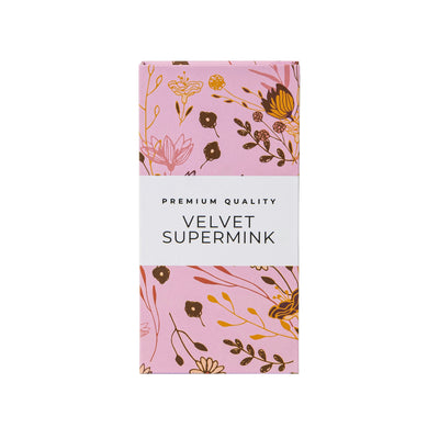 Curacoro Velvet Supermink packaging with a floral design on a white background.