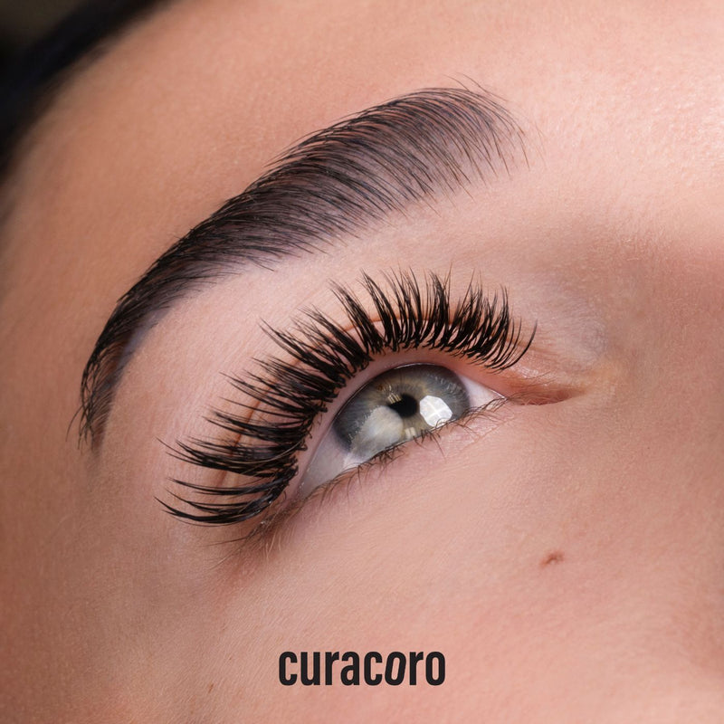 Close-up of an eye with long, dramatic eyelash extensions from Curacoro, highlighting the wet lash style.