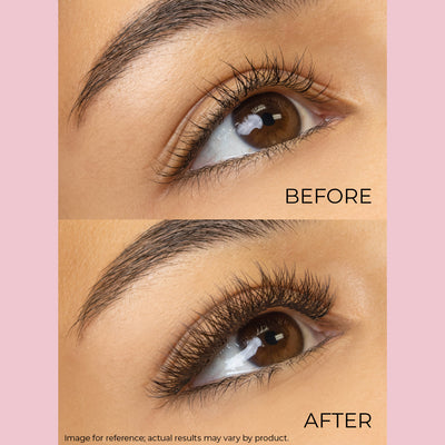 Image of before and after Brown YY Lashes on model's lashes.