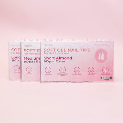 Curacoro Soft Gel Nail Tips packaging featuring Long, Medium, and Short Almond styles, each containing 360 pieces in 12 sizes, displayed against a soft pink background.