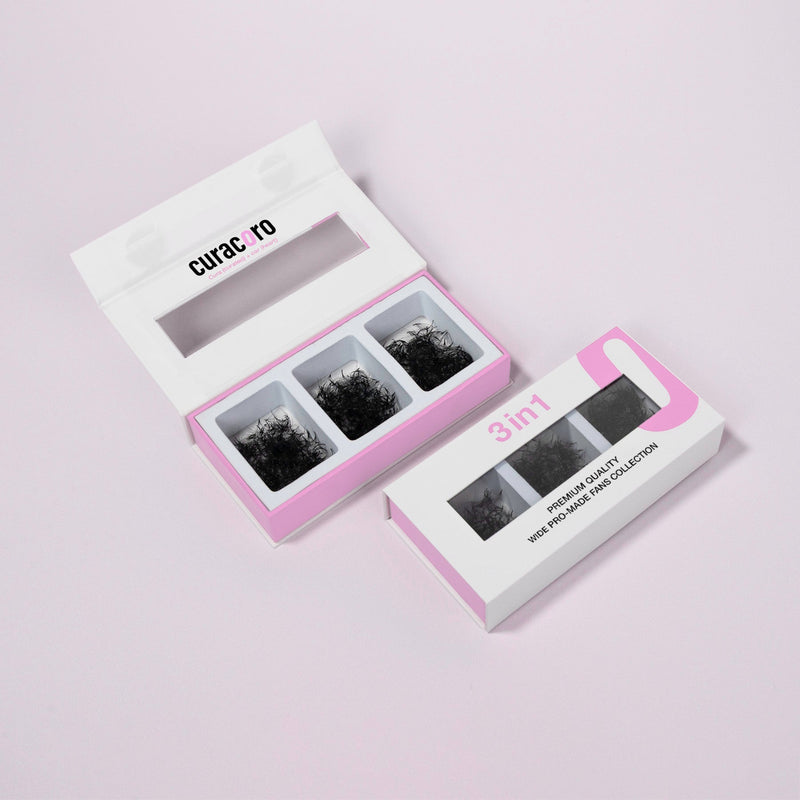 Curacoro 3-in-1 pro-made fan lash collection in open and closed packaging, displayed on a pink background.