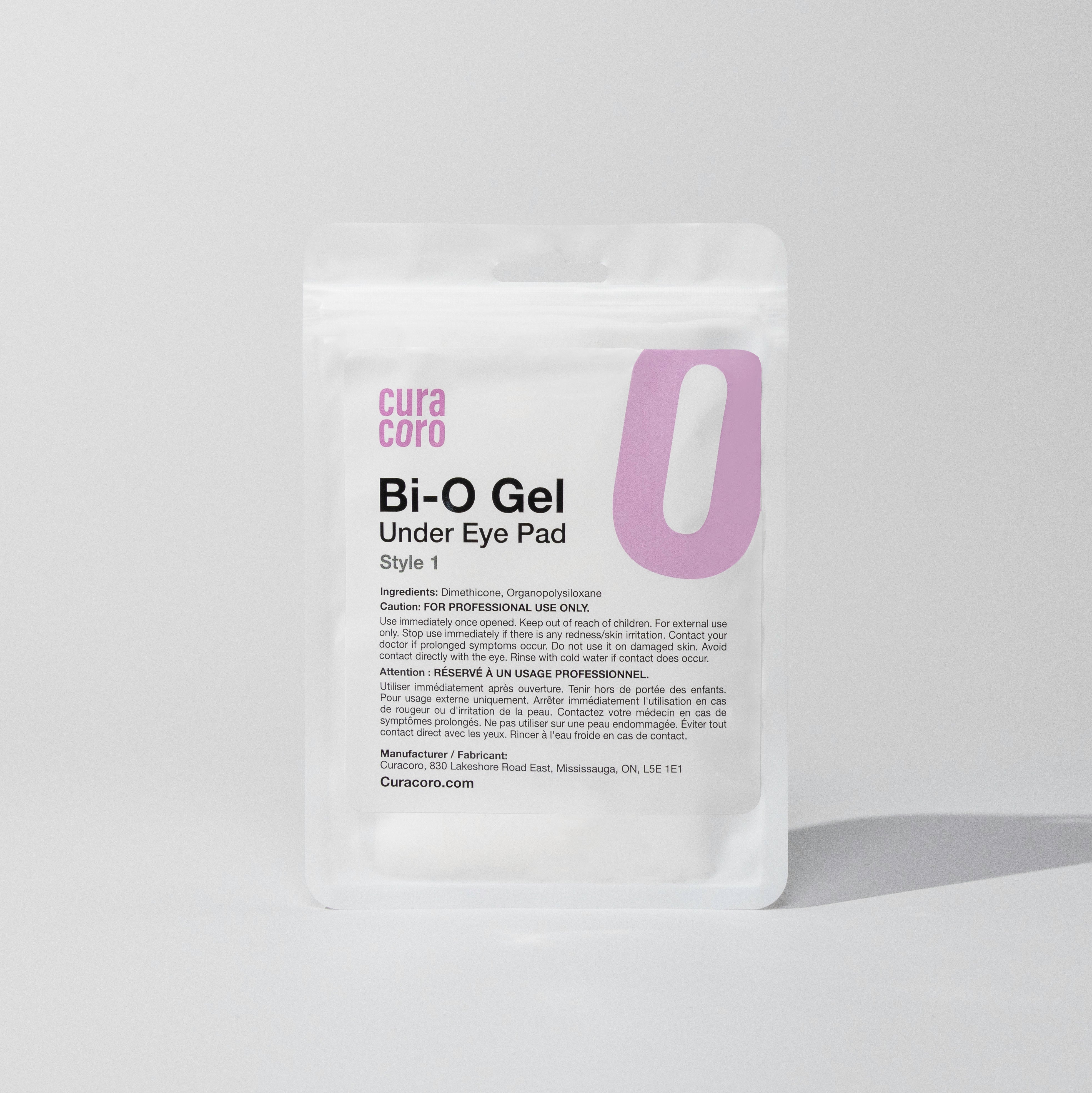 Under-eye gel pad package with "Curacoro Bi-O Gel style 1" text on a grey background.