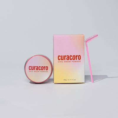 Curacoro Chic Brow Pomade with in front of a white background.