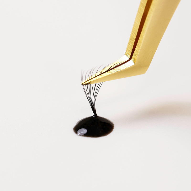 Gold tweezer dipping eyelash extension fan into black adhesive on a white background.