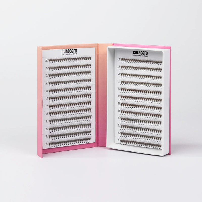 Curacoro Lashfolio double tray featuring 6D lashes in pink gradient packaging with neatly arranged lightweight lash fans.