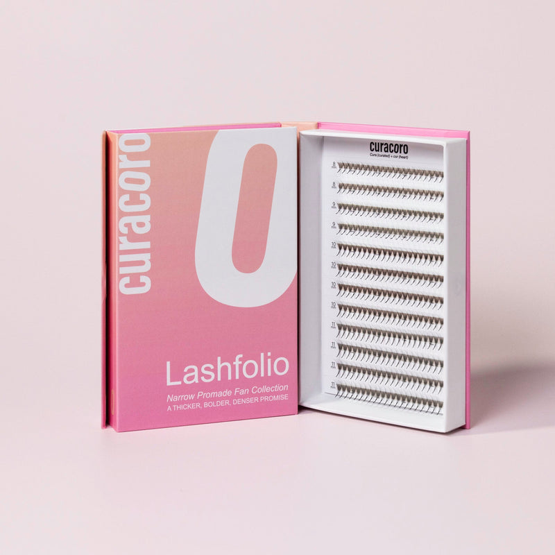 Lashfolio 10D 0.03 in front of a pink background with an open case.