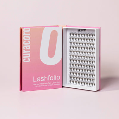 Curacoro Lashfolio box featuring dense and voluminous lash fans.