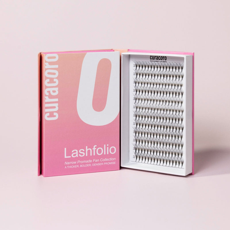 Curacoro Lashfolio box featuring dense and voluminous lash fans.