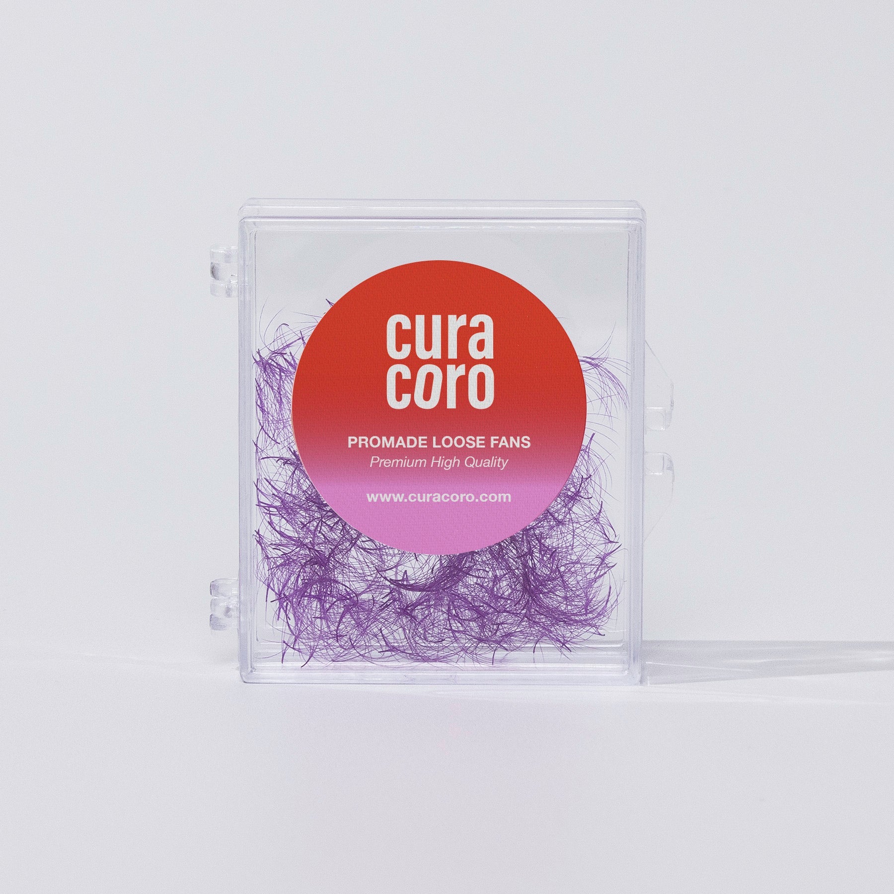 Curacoro Promade Loose Fans in purple, 5D 0.07 lashes, displayed in a clear compact case with a branded label.