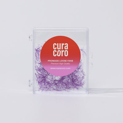 Curacoro Promade Loose Fans in purple, 5D 0.07 lashes, displayed in a clear compact case with a branded label.