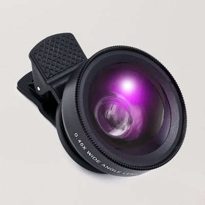 0.45X wide-angle clip-on macro lens for phone cameras, featuring a black design with a purple-tinted glass.