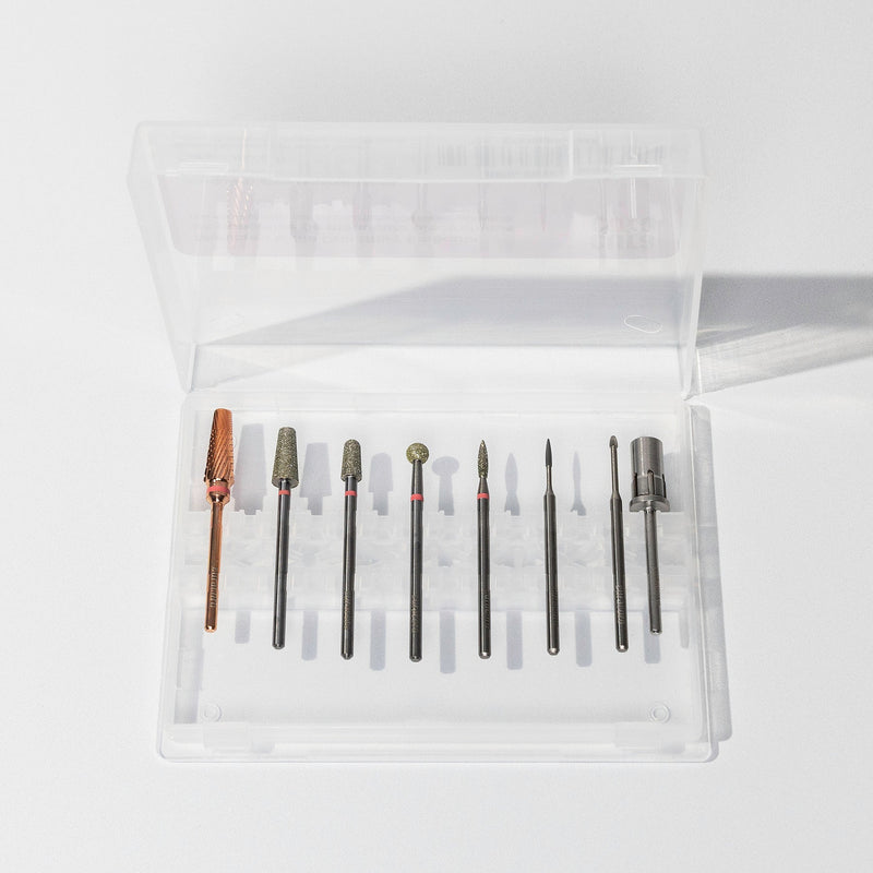 Cuticle Nail Drill Bit Set 1 Case Open Over White Background