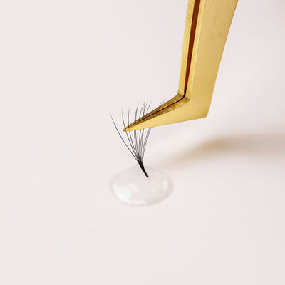 Tweezers dipping eyelash extensions into Curacoro UV glue.