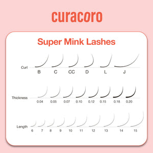 Super Mink lashes chart with Curl, Thickness and Length sizes.