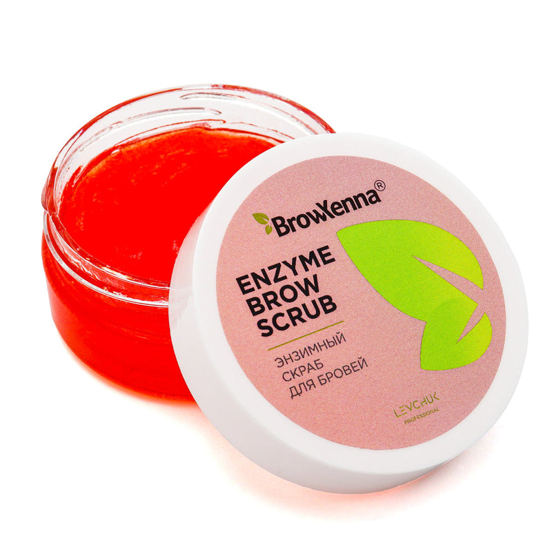 BrowXenna® Brow Enzyme Scrub bottle with open lid, showing red product inside