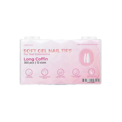 Pack of soft gel nail tips  long coffin displayed on white background 