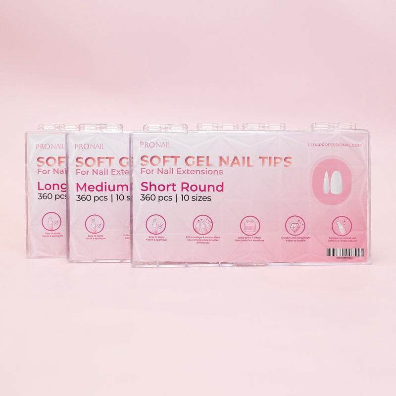 Curacoro Soft Gel Nail Tips packaging for Long, Medium, and Short Round styles in a light pink design.