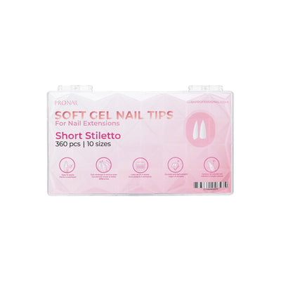 Curacoro short Stiletto Soft Gel Nail Tips packaging with 360 pieces in 10 sizes for nail extensions, featuring a light pink design."